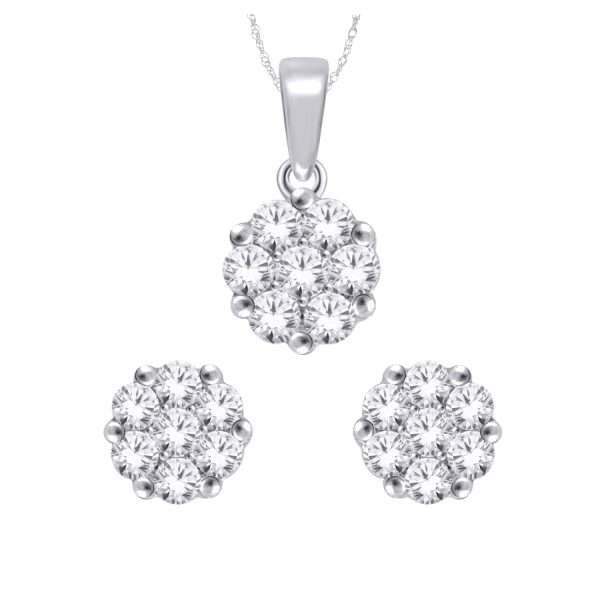 10k White Gold Round Brilliant Cut Diamond Cluster Pendant and Earring Set