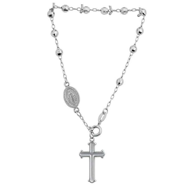 Rhodium Plated Sterling Silver Diamond Cut Rosary Bead Bracelet