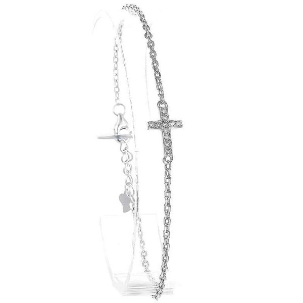 Rhodium Plated Sterling Silver CZ Cross Bracelet