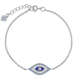 Rhodium Plated Sterling Silver Turquoise Evil Eye CZ Bracelet