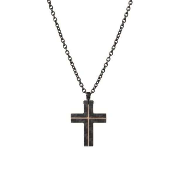 Cudworth Carbon Fibre Cross with Ion Plated Rose Gold Lines & Ion Plated Black 55cm Chain