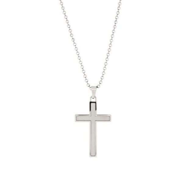 Cudworth Polished Stainless Steel Cross Pendant with Ion Plated Pearl Inlay on Ball Chain